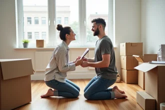 Couple de jeunes adultes consultant une checklist de déménagement entourés de cartons ouverts dans leur nouvel appartement vide