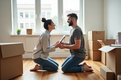 Couple de jeunes adultes consultant une checklist de déménagement entourés de cartons ouverts dans leur nouvel appartement vide
