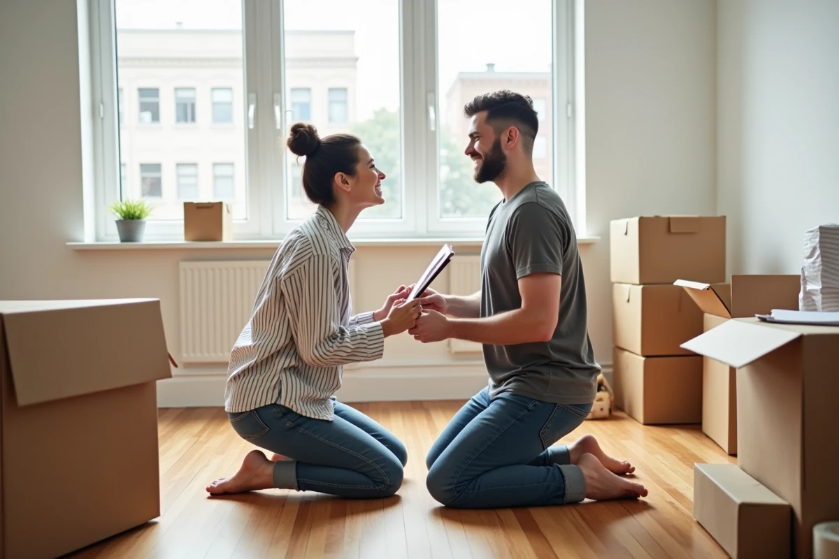 Couple de jeunes adultes consultant une checklist de déménagement entourés de cartons ouverts dans leur nouvel appartement vide