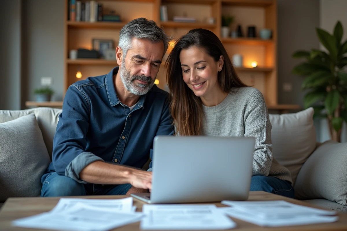 Couple examinant leur déclaration fiscale commune dans leur salon, illustrant la définition du foyer fiscal