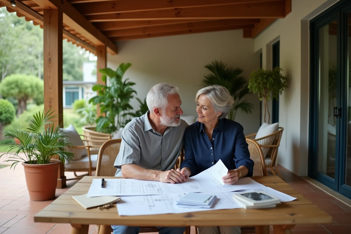 Couple examinant des plans et des devis pour un projet de véranda à la maison