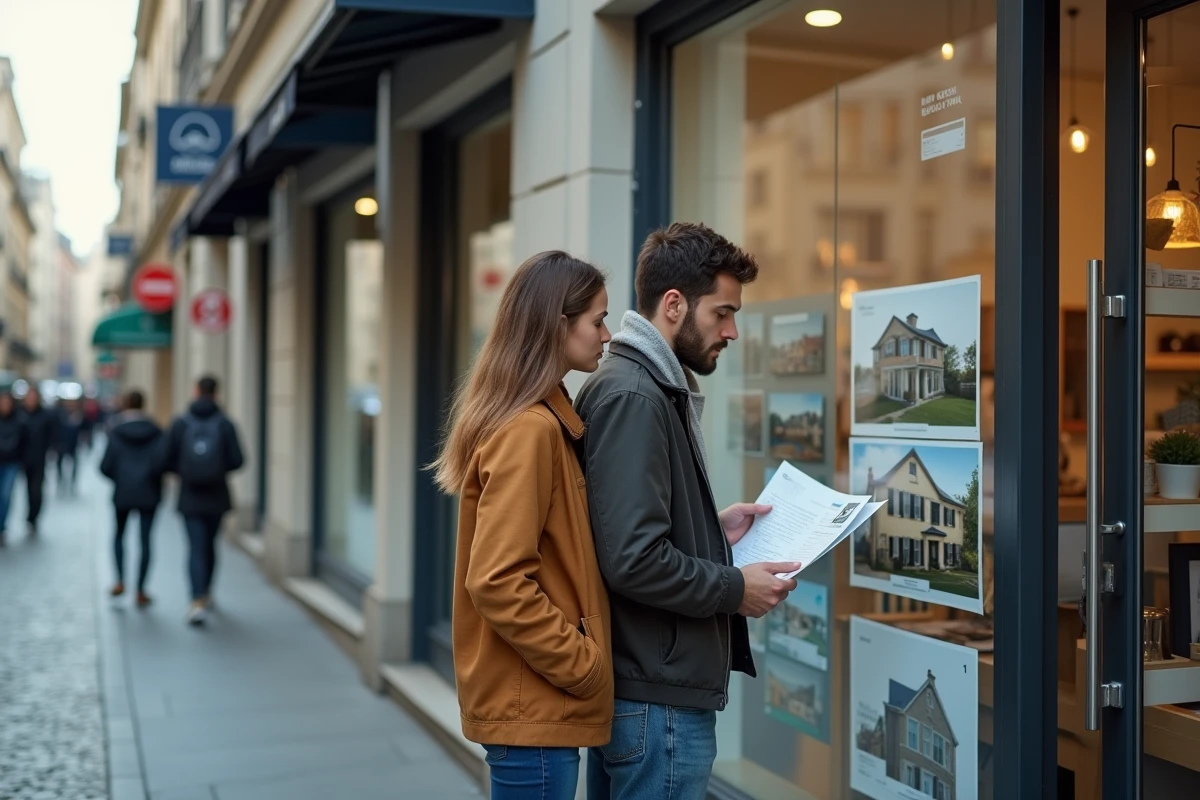 Jeune couple regardant des annonces immobilières devant une vitrine