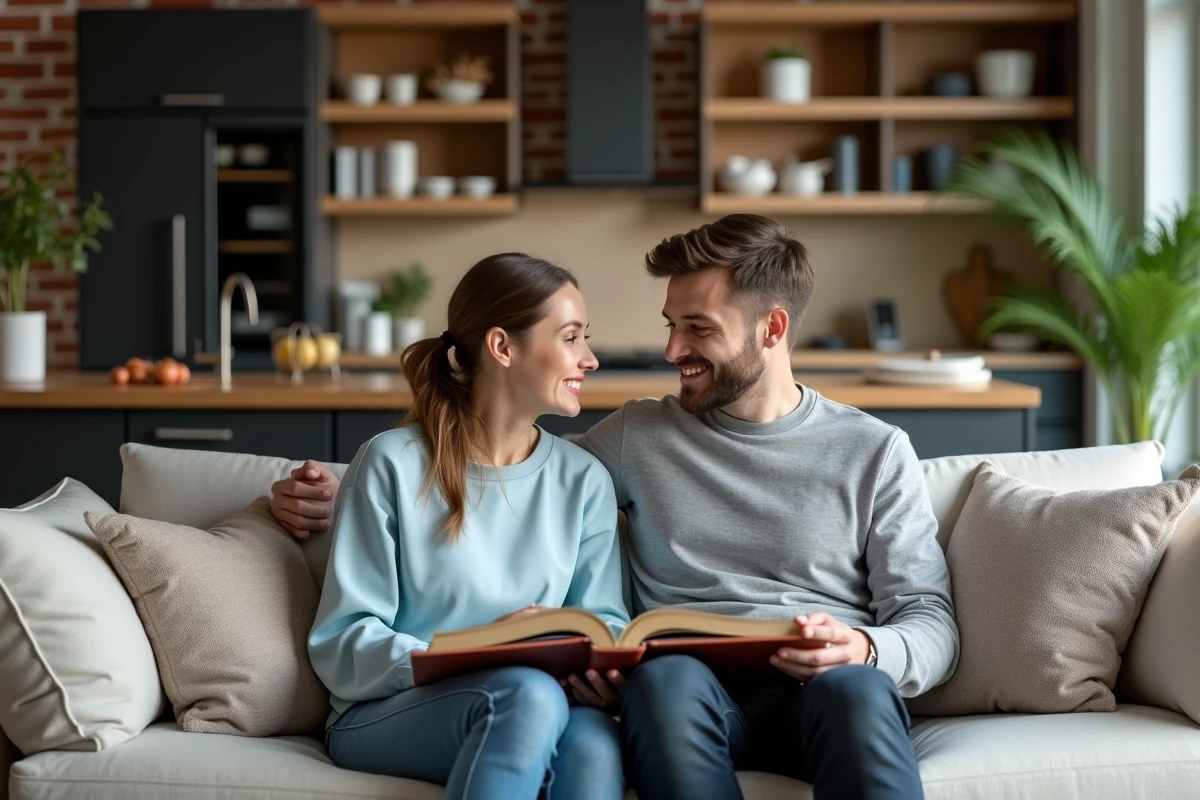 Jeune couple partageant un livre de cuisine dans le salon