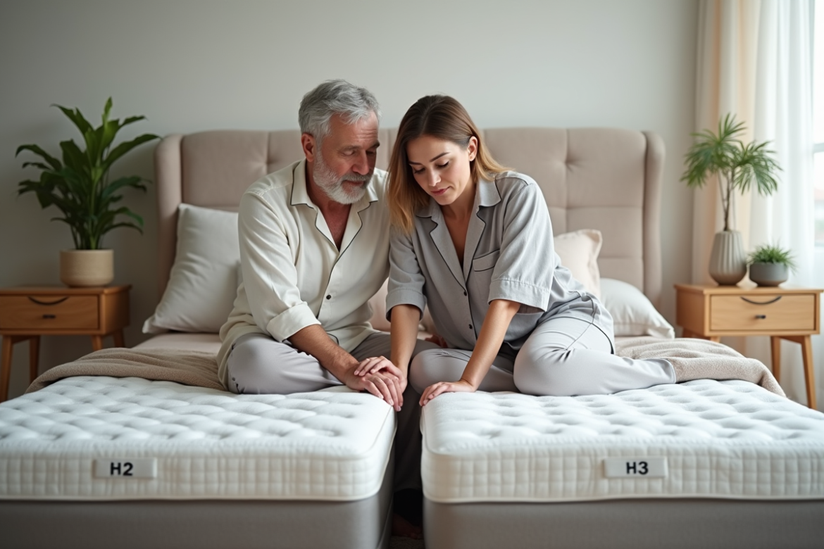 Couple comparant matelas H2 et H3 dans chambre moderne
