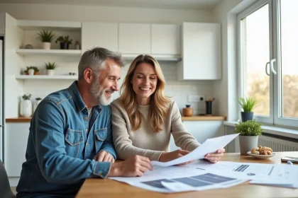 Couple souriant dans une cuisine moderne en rénovation