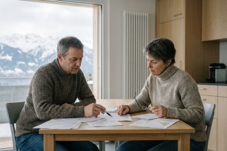 Couple suisse regardant des factures d énergie à la maison