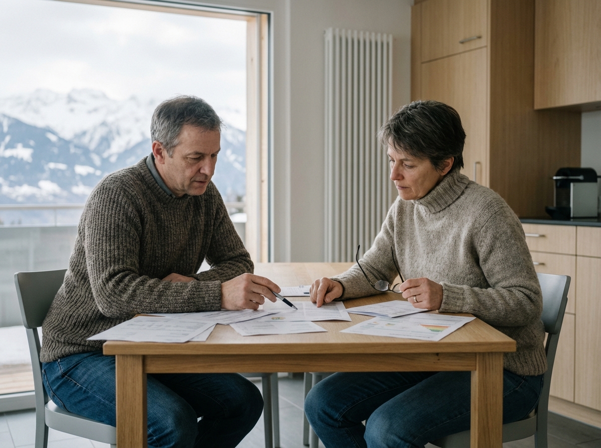 Couple suisse regardant des factures d énergie à la maison