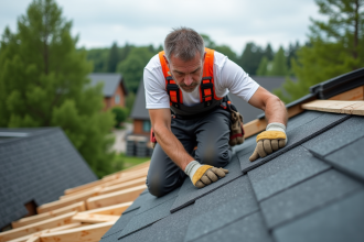 Couvreur en action sur un toit en bardeaux asphaltés