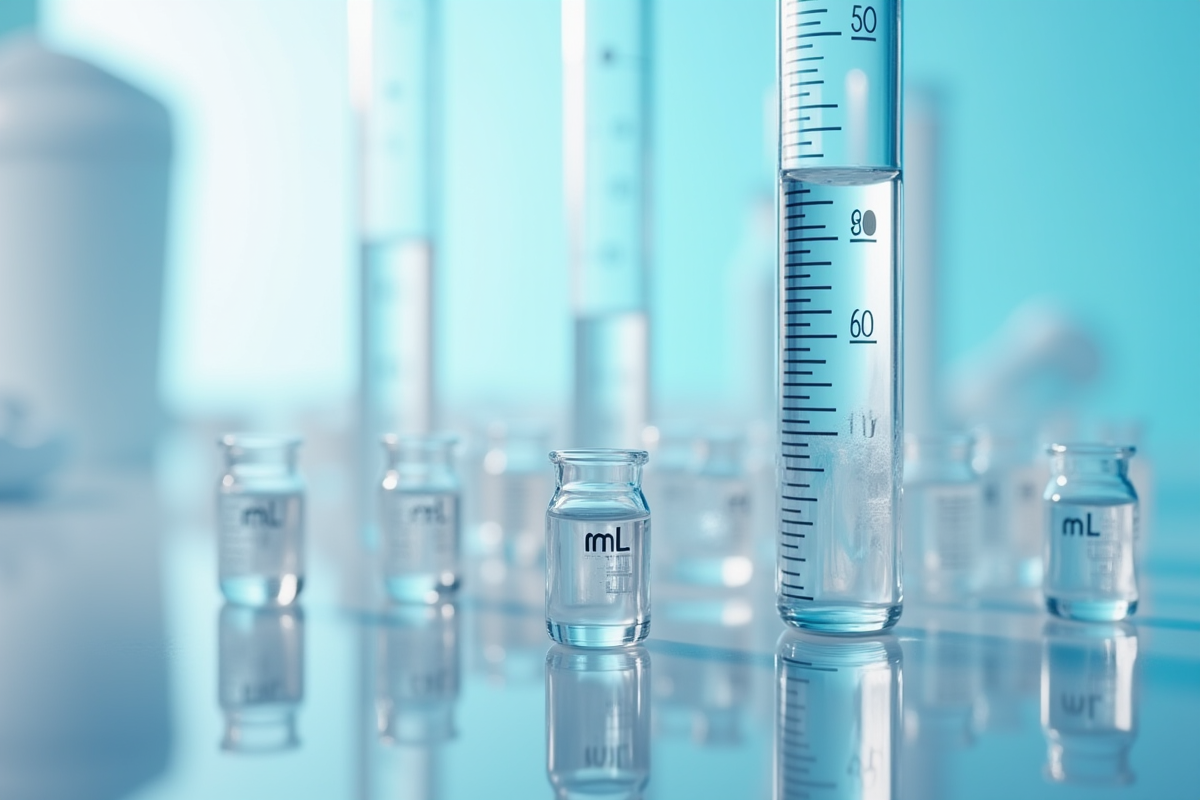 Cylindre gradué avec liquide et petits contenants en laboratoire