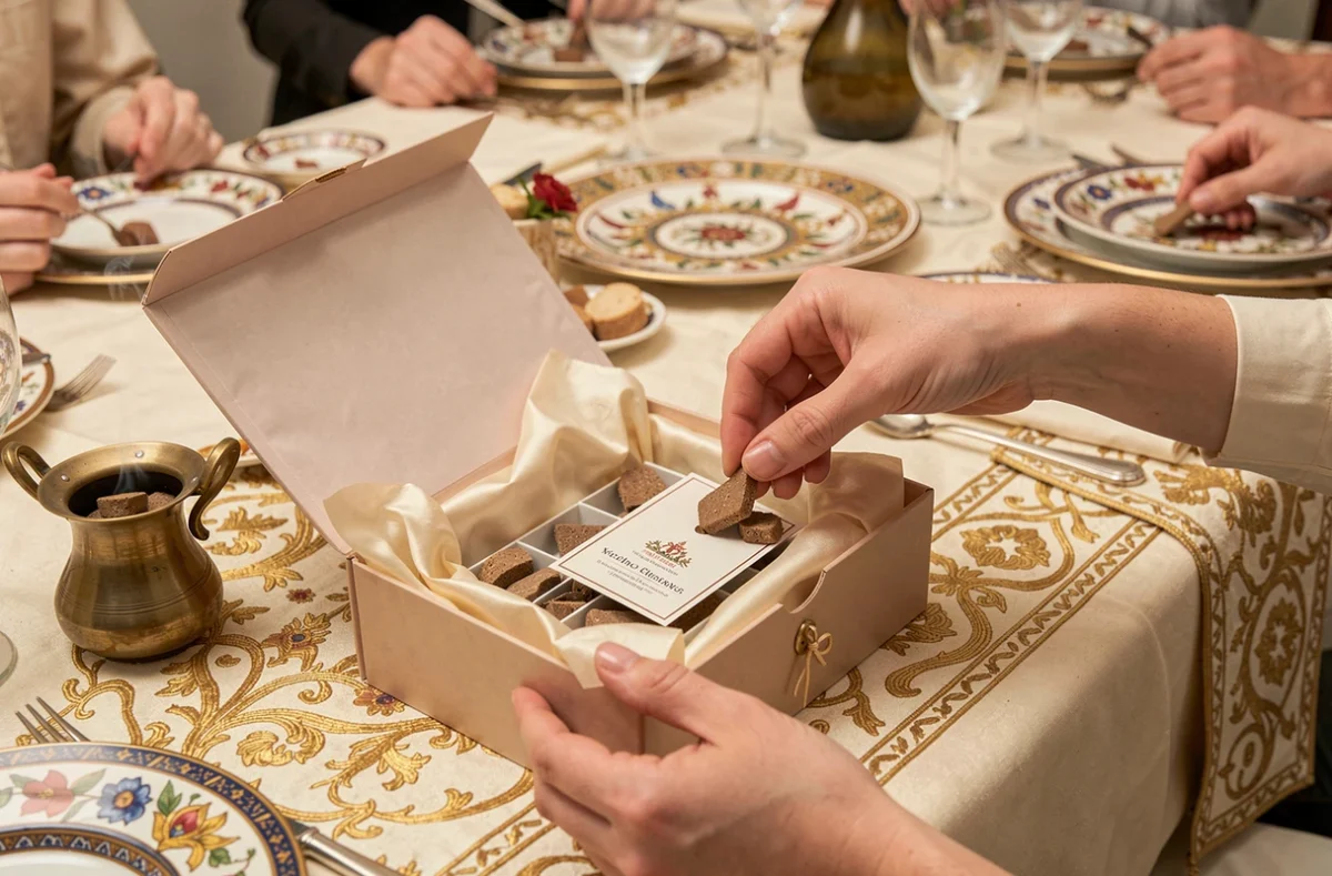 Mains féminines déballant un coffret de bakhour encens de luxe avec brûleur en laiton sur une table de fête orientale