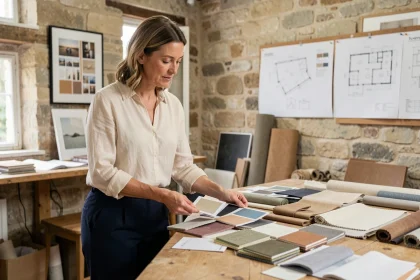 Décoratrice d'intérieur à Lyon examinant des échantillons de tissus dans son atelier de design