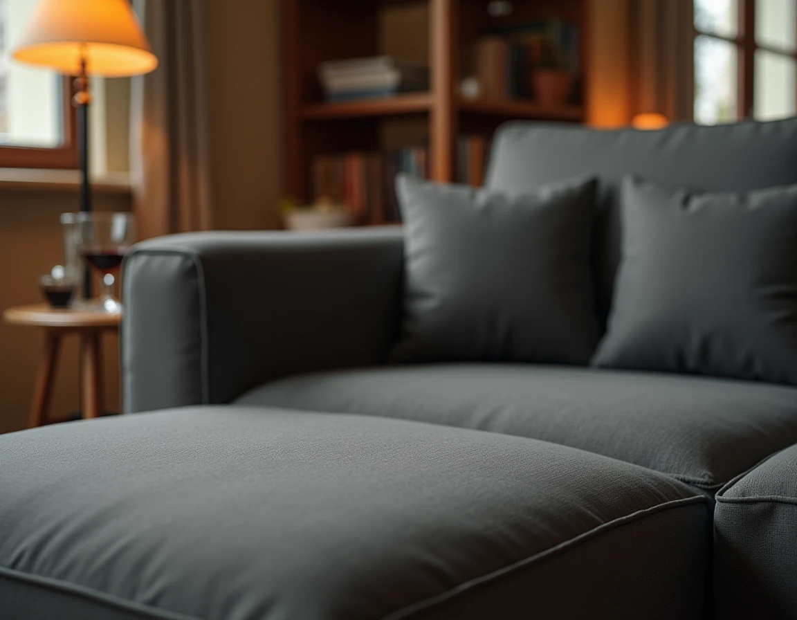 Détail tissu anti-taches housse méridienne grise extensible avec verre de vin posé à côté