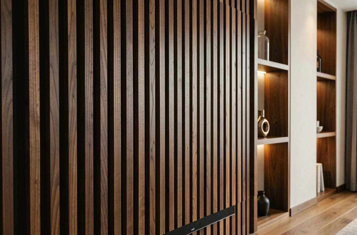 Détail gros plan d'un panneau tasseau bois noyer foncé pour mur TV avec rétroéclairage LED intégré