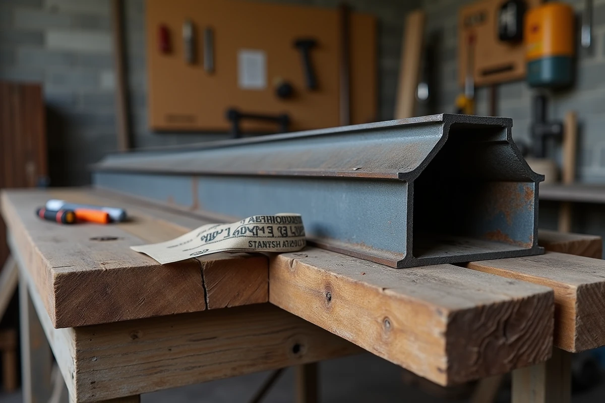 Détail en gros plan d'un profilé IPN métallique avec devis et mètre ruban dans un atelier de charpente métallique