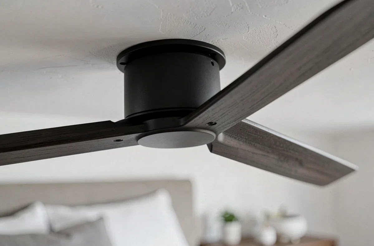 Détail en gros plan du moteur et des pales d'un ventilateur de plafond silencieux haut de gamme en finition noire mate