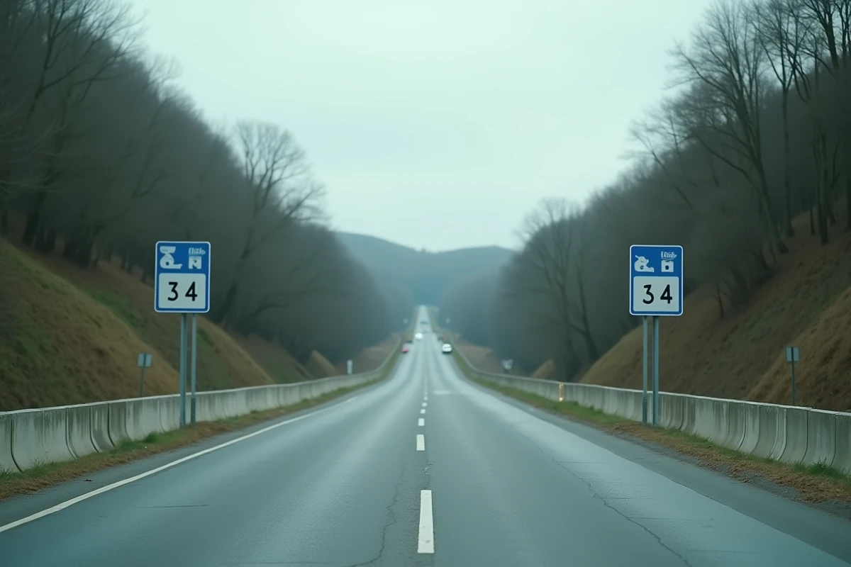 Deux panneaux B34 fin d'interdiction de dépasser successifs sur une bretelle d'autoroute française avec barrières de sécurité