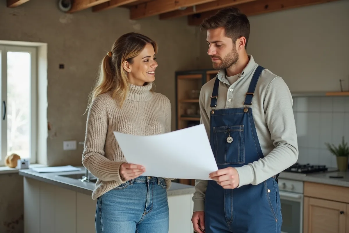 Femme et électricien discutant plans de rewiring cuisine