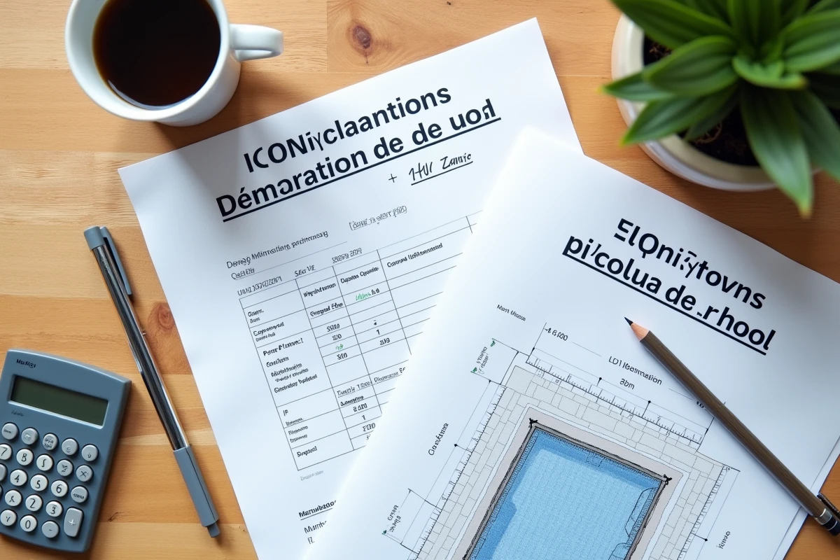 Documents de déclaration fiscale de piscine avec plan de jardin et dimensions annotées posés sur une table en bois
