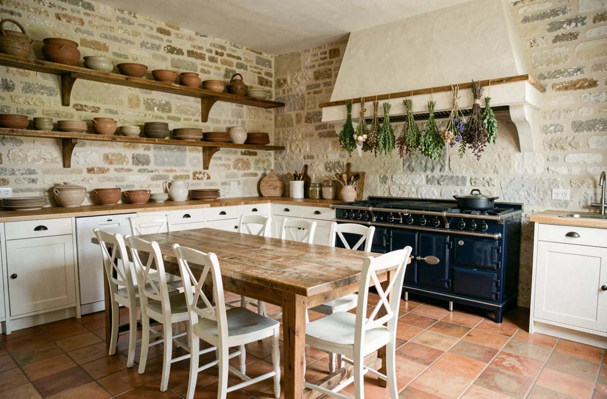 Cuisine et salle à manger rustique-contemporaine décorée par D'un lieu à l'autre dans le Lot avec table en chêne, carrelage en terre cuite et murs en calcaire