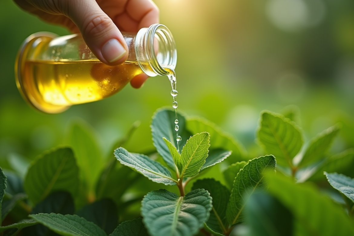 Gros plan d'une personne versant eau vinaigre sel sur mauvaises herbes