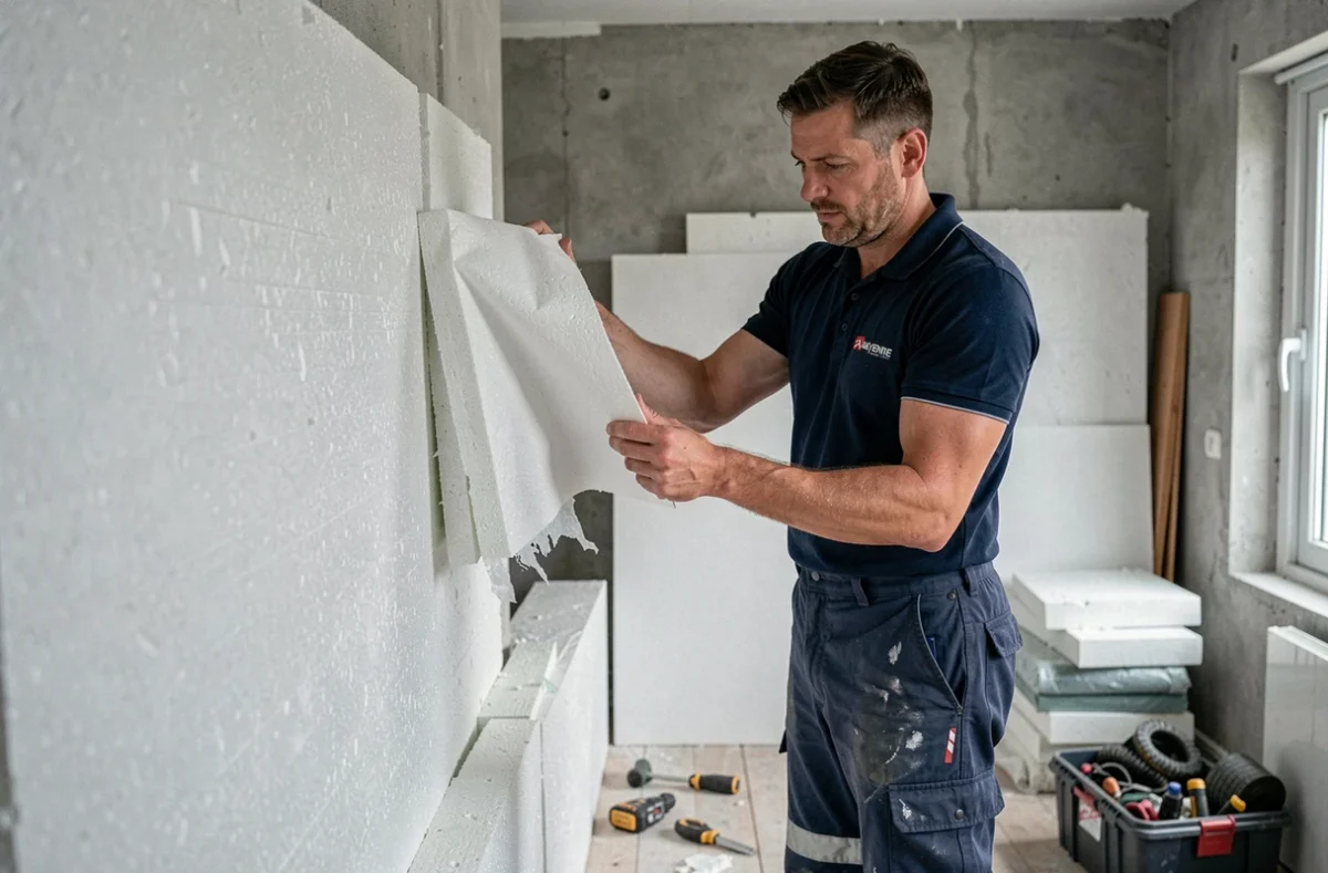 Technicien EBS installant des panneaux d'isolation dans une maison en Mayenne