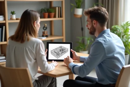 Femme discutant d'un plan 3D d'intérieur sur une tablette