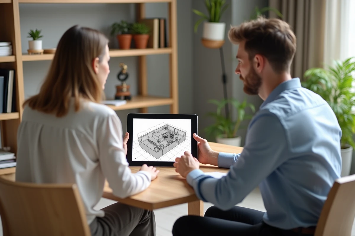 Femme discutant d'un plan 3D d'intérieur sur une tablette