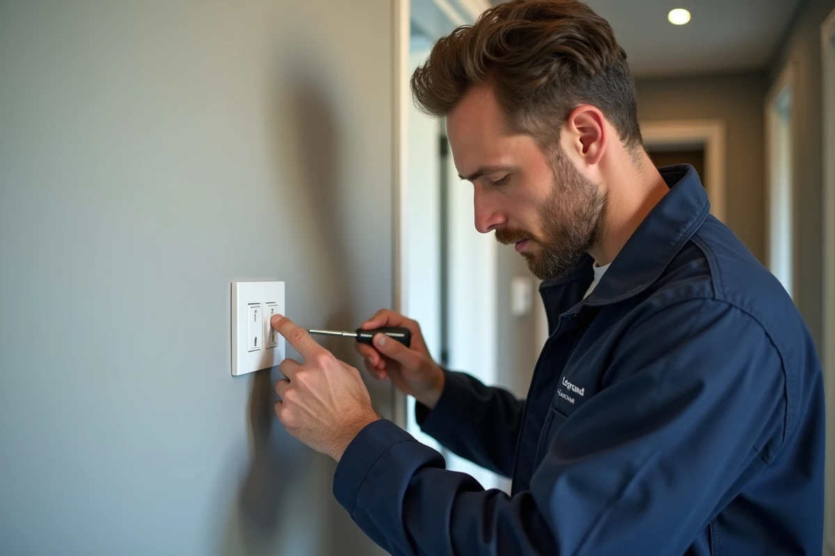 Électricien appuyant sur un interrupteur poussoir Legrand blanc monté sur un tableau mural résidentiel moderne