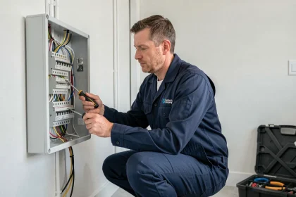 Électricien professionnel inspectant un tableau électrique dans une maison moderne, solution locale pour l'installation domotique