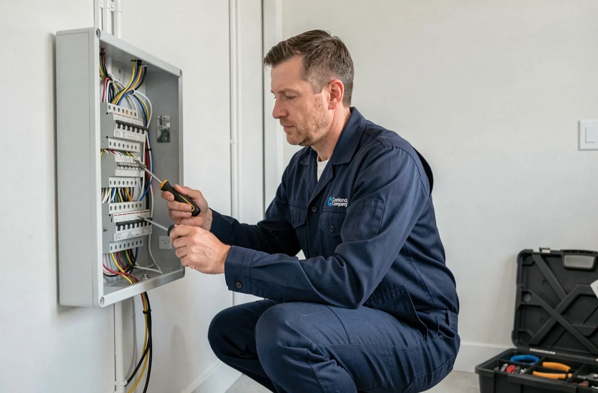 Électricien professionnel inspectant un tableau électrique dans une maison moderne, solution locale pour l'installation domotique