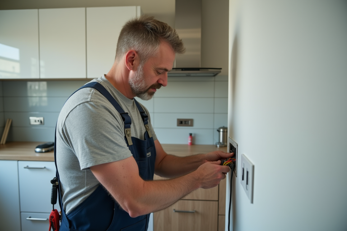 Électricien en travaux dans une cuisine moderne en rénovation