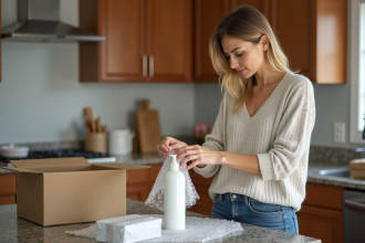 Jeune femme emballant une bouteille de shampoing dans une cuisine