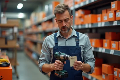 Employé de magasin DIY examinant une carte de garantie Erbauer dans un rayon d'outillage électrique
