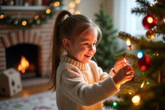 Fille joyeuse accrochant guirlandes lumineuses de Noël