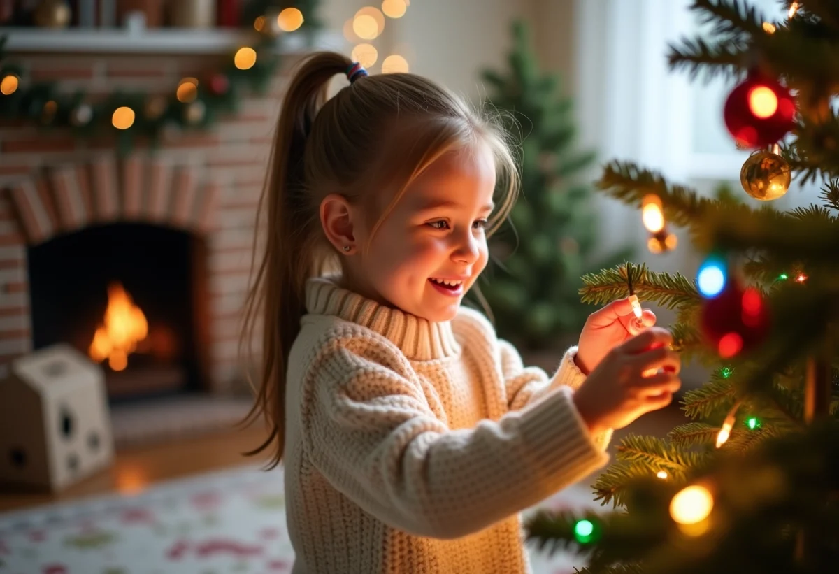 Fille joyeuse accrochant guirlandes lumineuses de Noël