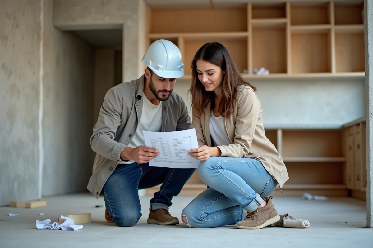 Femme examinant un devis dans une cuisine en rénovation