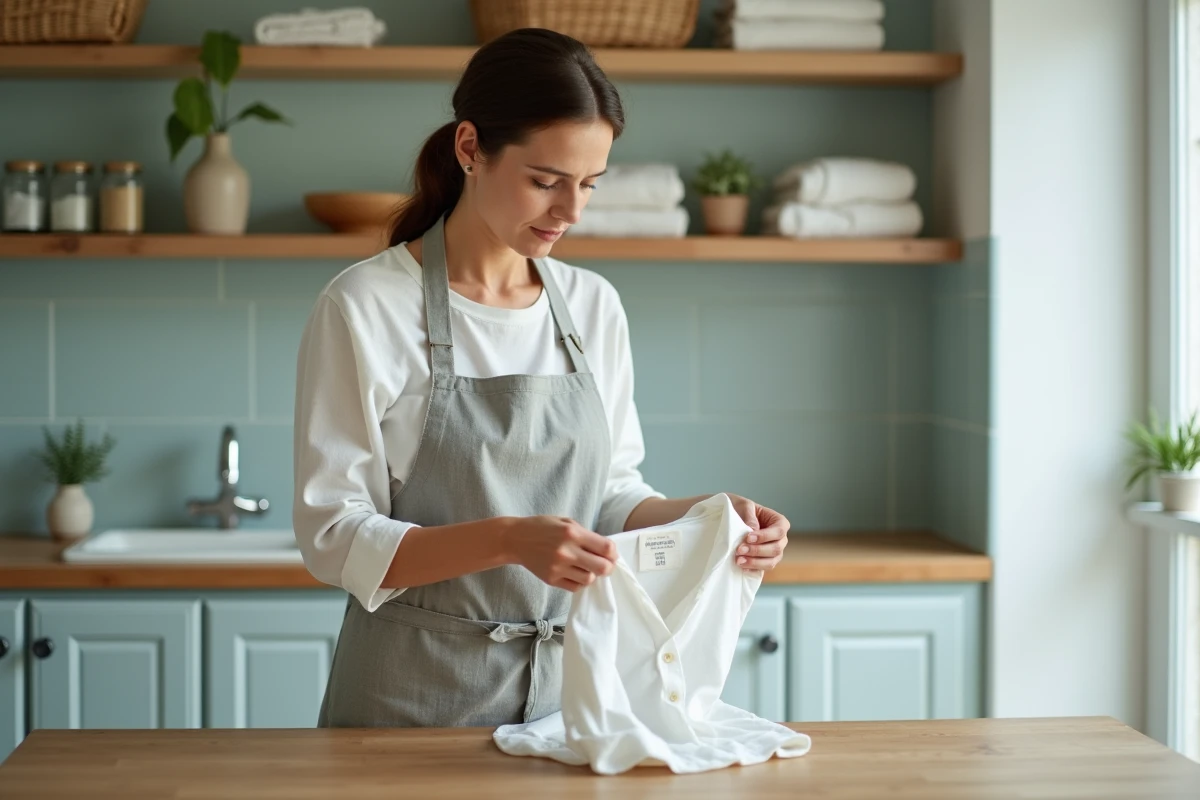 Femme examinant une étiquette d'entretien sur un vêtement délicat dans une buanderie moderne pour comprendre les pictogrammes de lavage