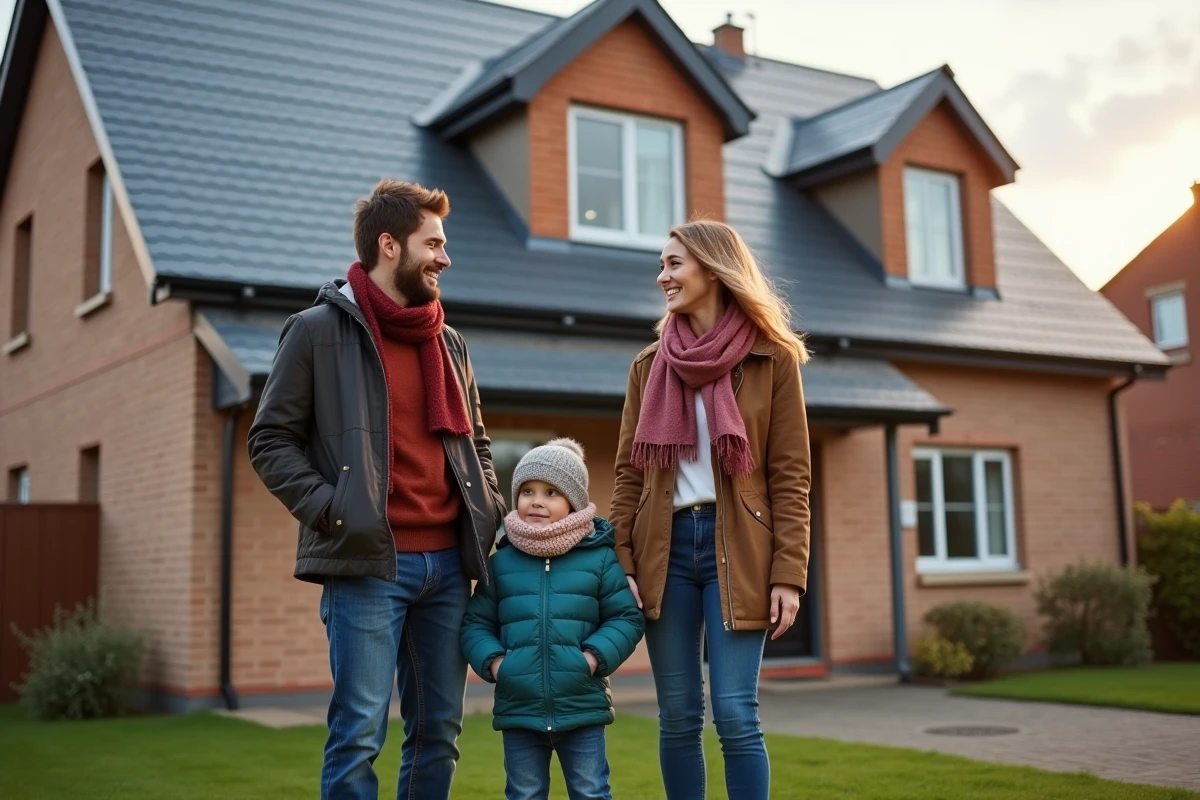 Famille devant leur maison rénovée avec isolation neuve