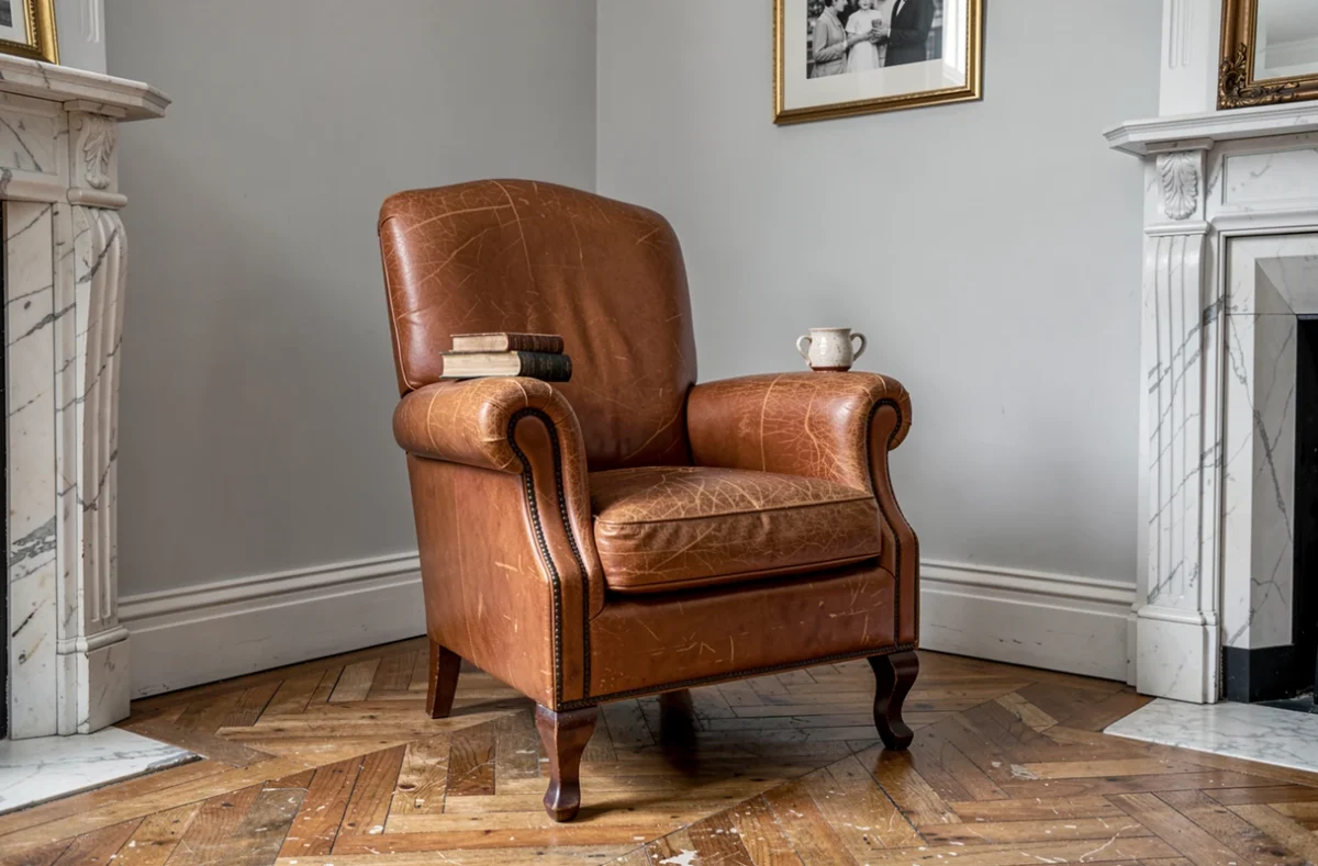 Fauteuil Voltaire restauré en cuir cognac dans un salon haussmannien avec parquet à chevrons et cheminée en marbre
