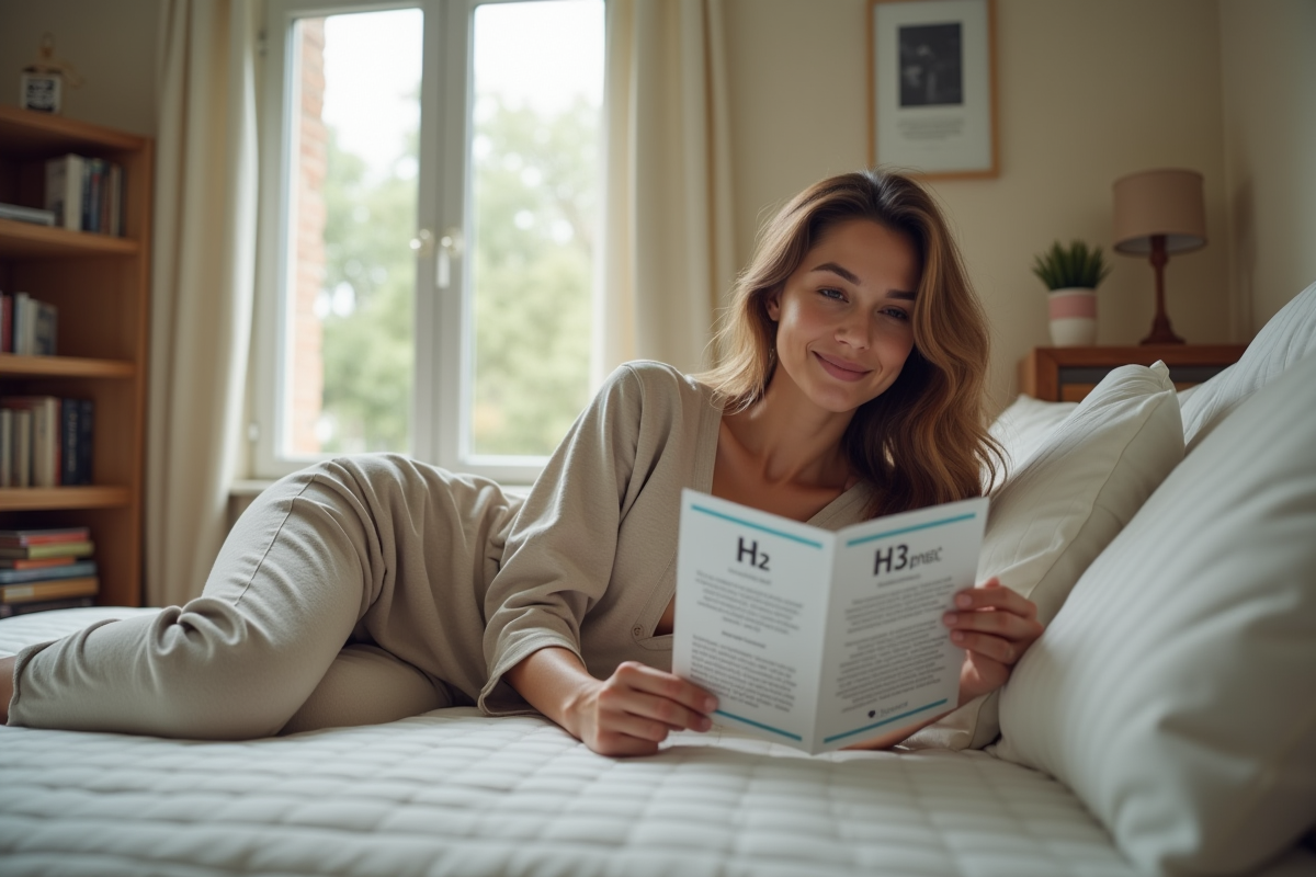 Jeune femme relaxant sur un matelas avec brochure