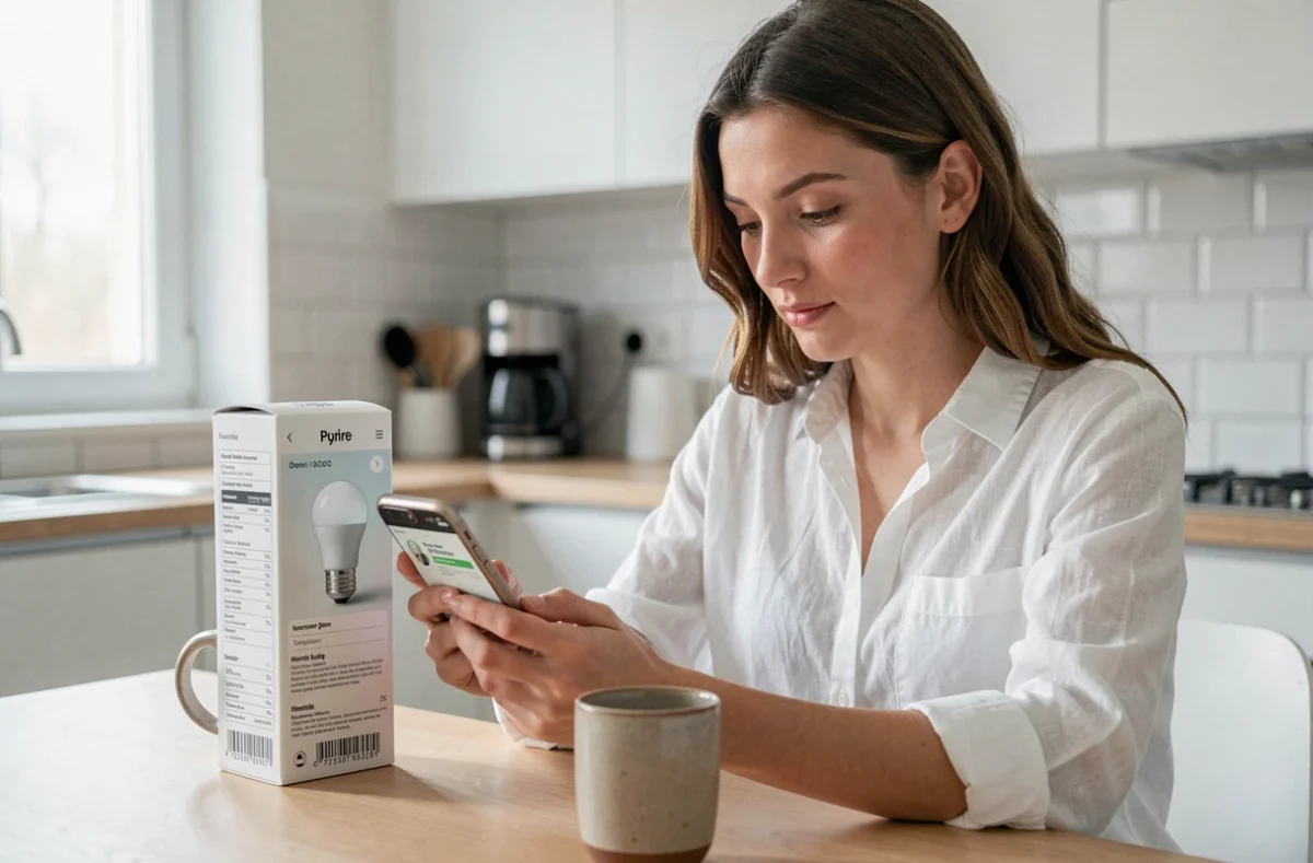 Femme consultant une application sur son smartphone pour comparer la consommation réelle d'une ampoule LED indiquée sur l'emballage dans une cuisine