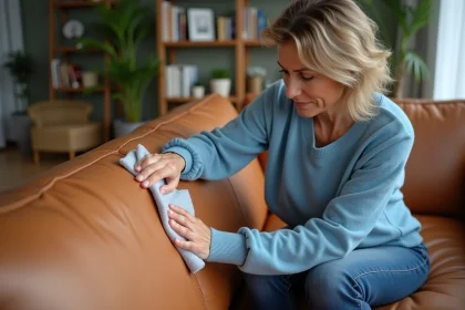 Femme appliquant creme sur un sofa en cuir dans un salon moderne