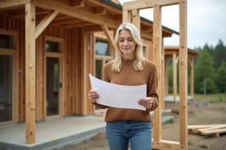 Femme en jeans et pull regardant des plans sur un chantier écologique