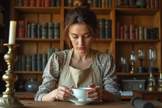 Femme examinant une tasse en porcelaine vintage dans un atelier brocante rempli d'objets anciens