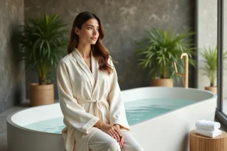 Femme en robe ivoire dans un bain balneo moderne et zen