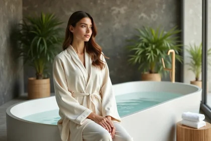 Femme en robe ivoire dans un bain balneo moderne et zen