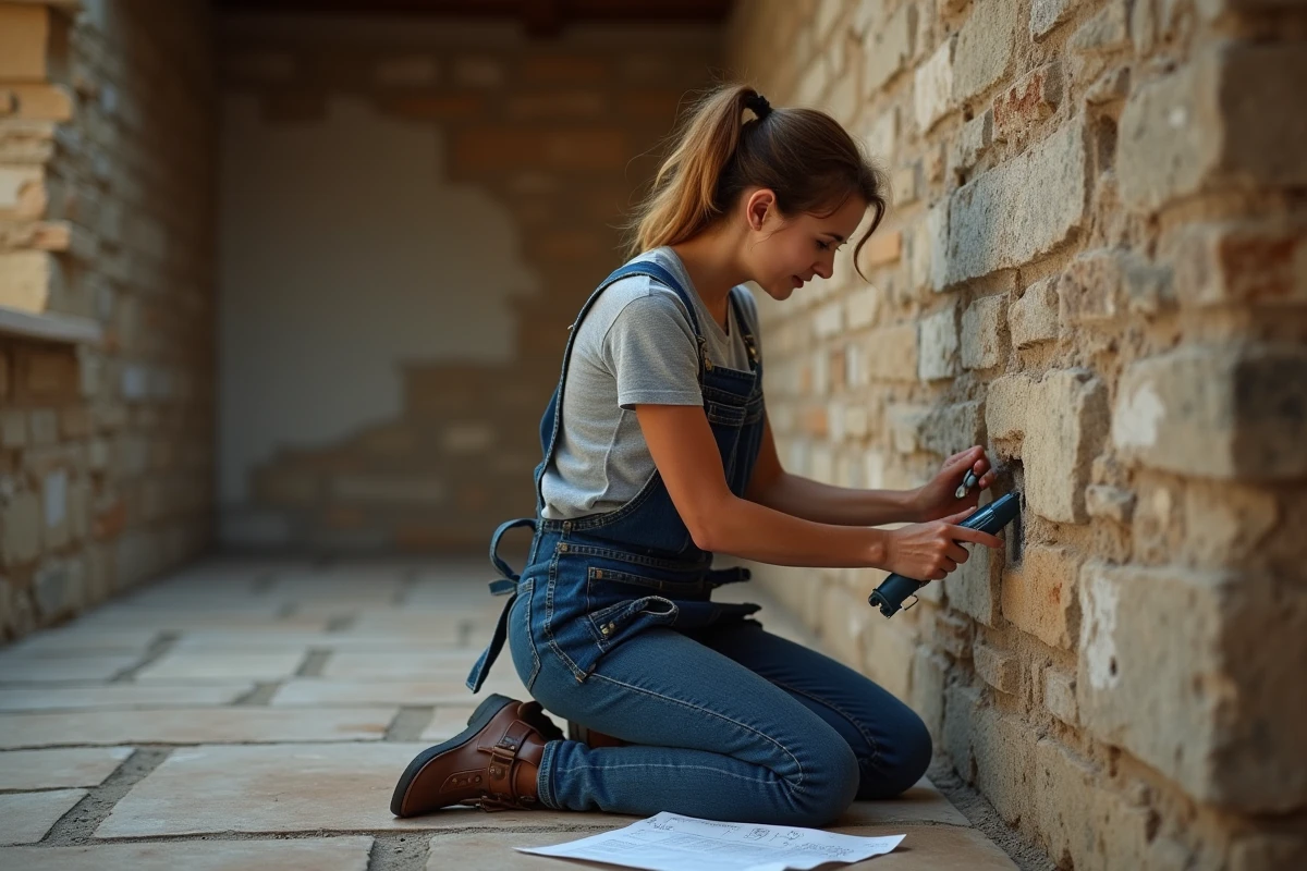 Femme bricolant une prise électrique encastrée dans un vieux mur en pierre d'une maison de campagne française avec un testeur de tension