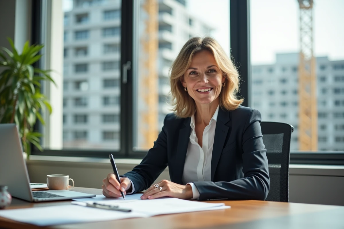 Femme professionnelle signant des documents dans un bureau lumineux