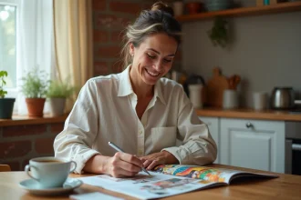 Femme consultant un catalogue déco Maisons du Monde à la cuisine pour optimiser son budget avec son CSE