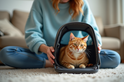 Jeune femme plaçant un chat dans une cage de voyage à la maison
